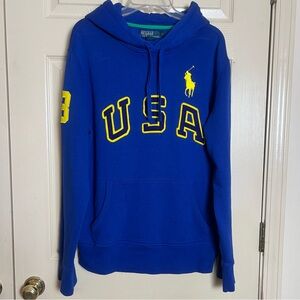 POLO by Ralph Lauren Big Pony Men’s Royal Blue Hoodie with Yellow USA Appliqué